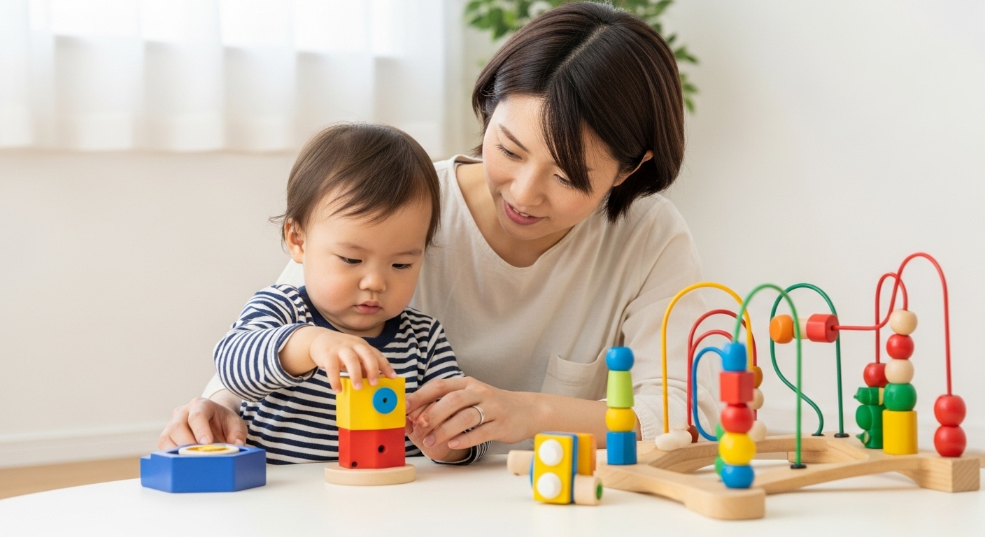 日本人の親子が木製や布製の知育玩具で一緒に遊んでいる様子。子どもが興味津々に取り組む中で、親が声かけやサポートをしながら関わっている。おもちゃは安全に配慮されたもので、親が子どもの様子を注意深く見守っている構図。明るくナチュラルな室内で、知育と安心感が同時に伝わる雰囲気。