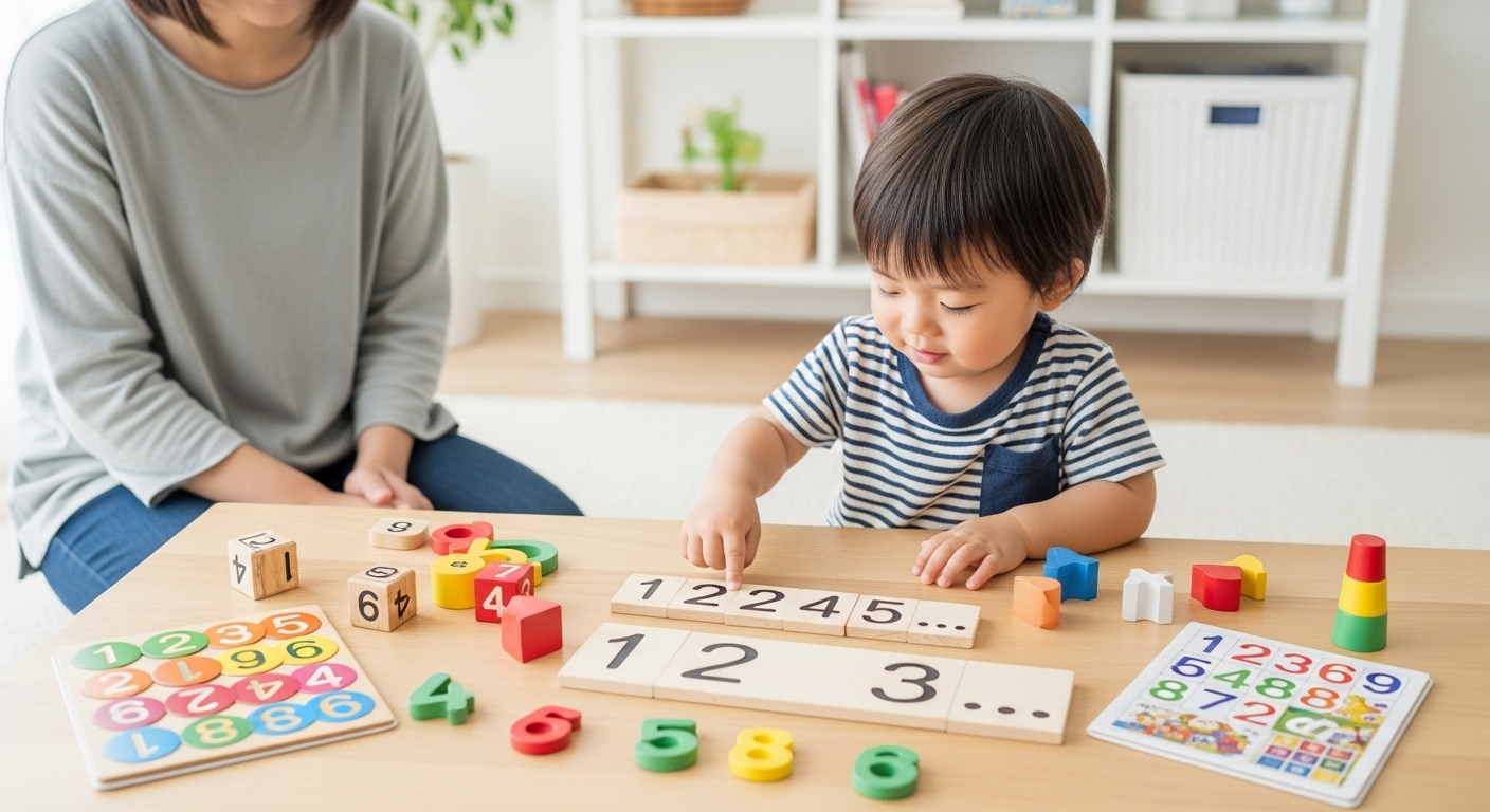 日本人の幼児が、数字の形をしたブロックやパズル、数をテーマにしたおもちゃで楽しく遊びながら、“1・2・3…”と数字を指でなぞったり、並べたりしている様子。親がそっと見守り、学び始める喜びを共有している。明るく整理された家庭のリビングや子ども部屋での自然な一場面。