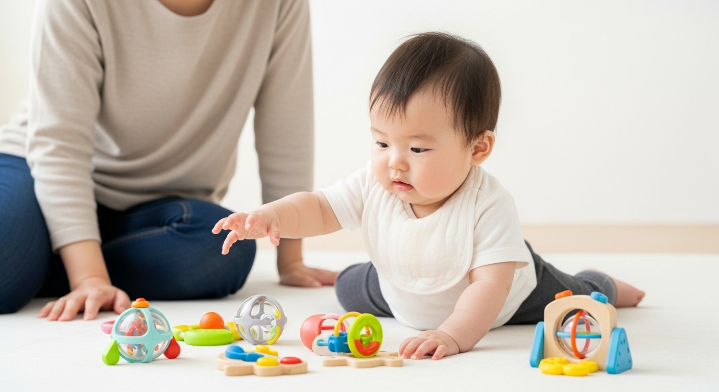 日本人の生後6ヶ月の赤ちゃんが、年齢に合った安全な知育玩具で遊んでいるシーン。布製のラトルやカラフルな木製の歯固め、音の出るおもちゃなどを手に取り、好奇心いっぱいの表情で見つめたり触ったりしている。そばにはやさしく見守る母親または父親。明るく整ったリビングやベビースペースで、安心感と温かさのある雰囲気。