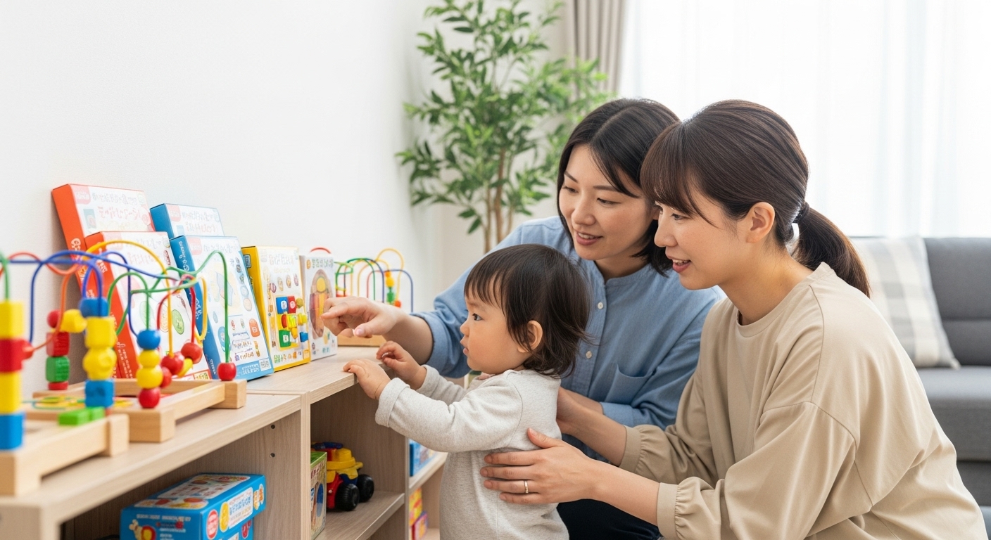 日本人の親が、年齢や成長段階に合った知育玩具を真剣に選んでいる様子。棚に並んだ複数の玩具を前に比較したり、子どもと一緒に実際に遊びながら『どれが一番合うかな?』と見極めている場面。子どもは興味津々で、親はやさしく見守りながら選んでいる。家庭のリビングやおもちゃ売り場、知育イベントブースなどの自然な環境。