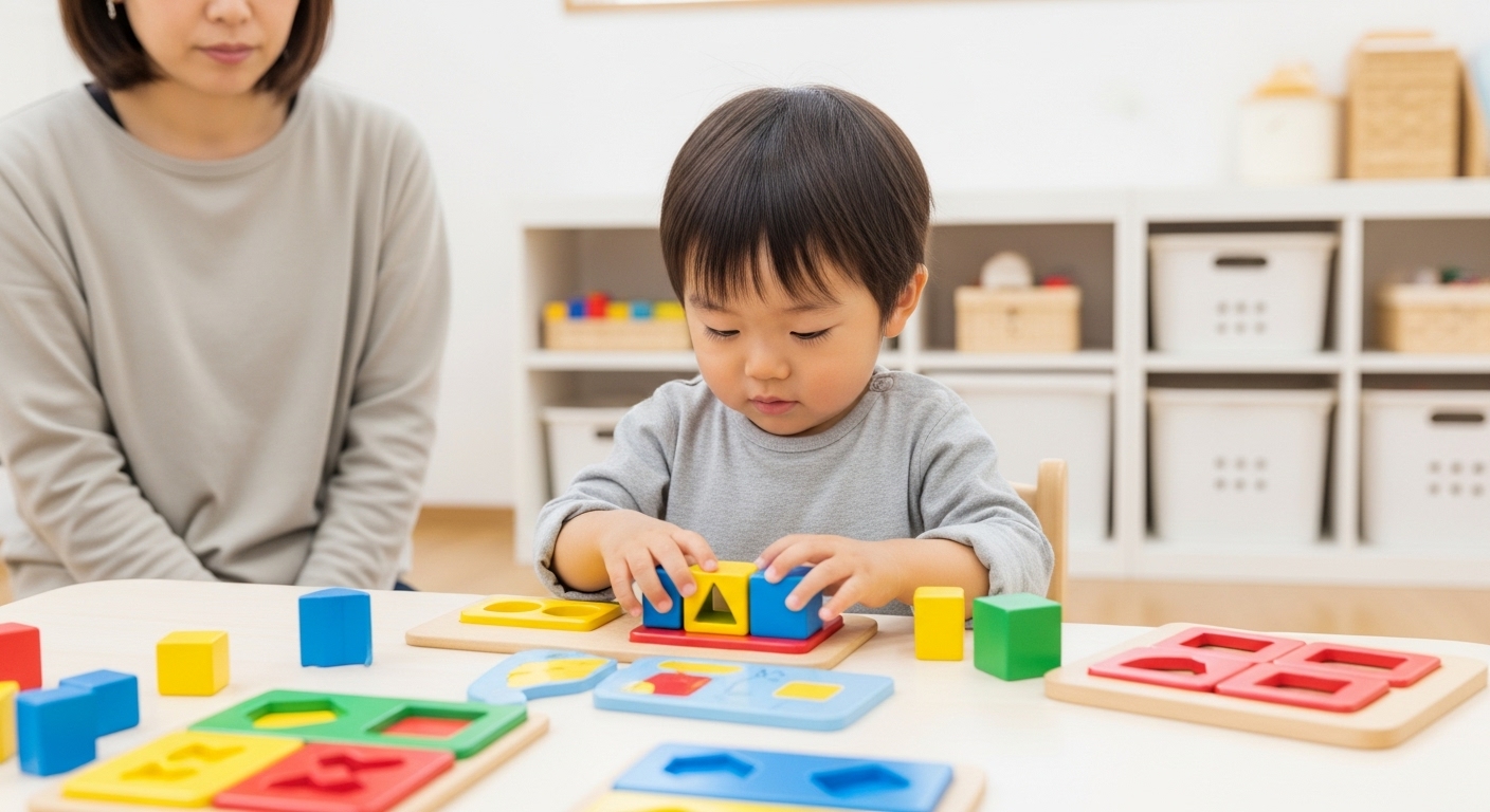日本人の幼児が静かな環境で、知育玩具に夢中になって遊んでいる様子。ブロックやパズル、型はめなどを集中して組み立てており、表情は真剣そのもの。やり遂げた瞬間に笑顔を見せる。そばには親が静かに見守っており、子どもの“成長”を感じ取っているシーン。明るく整理された室内空間