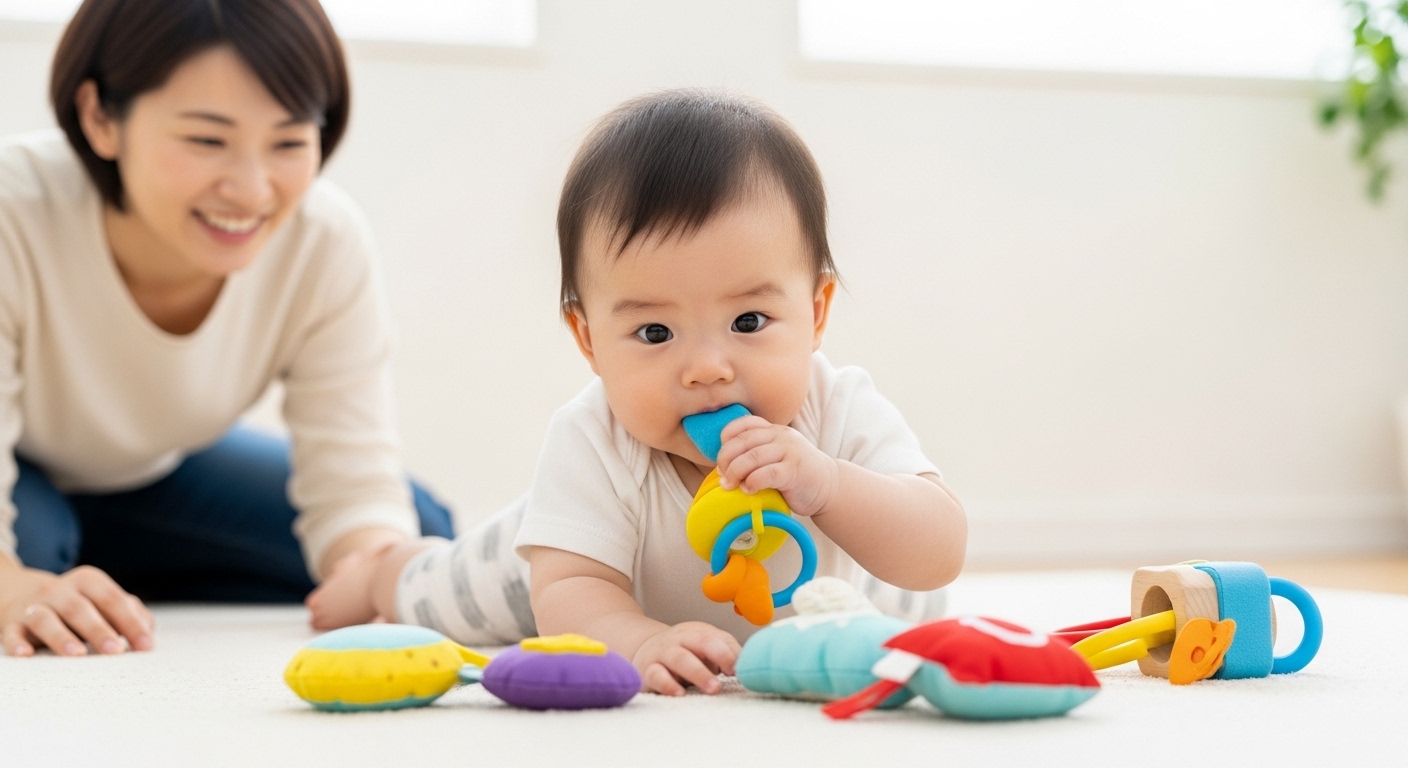 生後6ヶ月の日本人の赤ちゃんが、カラフルな布製や木製の知育玩具をじっと見つめたり、手に取って遊んでいる様子。赤ちゃんはうつ伏せやおすわりの姿勢で、集中して触れたり口に入れたりしている。そばで母親や父親が微笑みながら見守っており、親子の絆や発達の瞬間が伝わる優しい雰囲気。明るく清潔感のある室内。