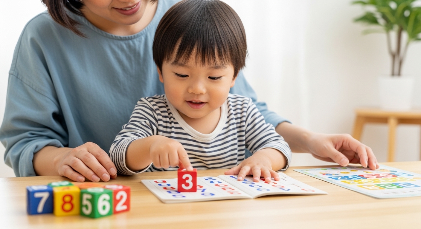 日本人の子どもが、数字ブロックや数を使ったゲームで楽しそうに遊び、“数字って楽しい!”という気持ちを持っている様子。そばで親がやさしくサポートしながら、学ぶ喜びを共有している。子どもが自信に満ちた表情で数字に触れているシーン。明るくあたたかい家庭の雰囲気の中で、未来への可能性を感じさせる構図。