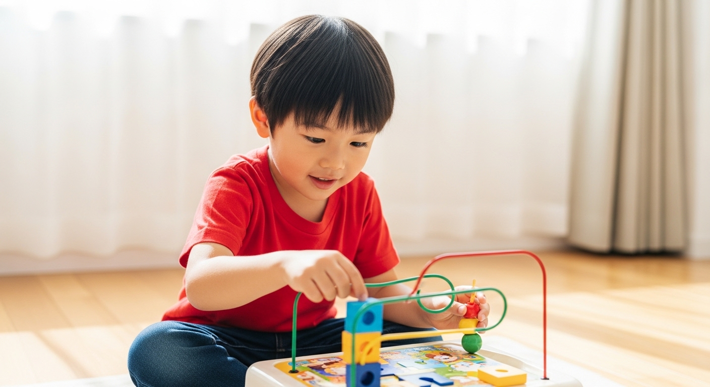 日本人の子どもが知育玩具で一人遊びに夢中になり、何かをやり遂げて誇らしげな表情を浮かべているシーン。そばで親があたたかく見守ったり、達成を一緒に喜んでいる場面も。遊びと成長が自然に結びついた穏やかであたたかみのある家庭空間