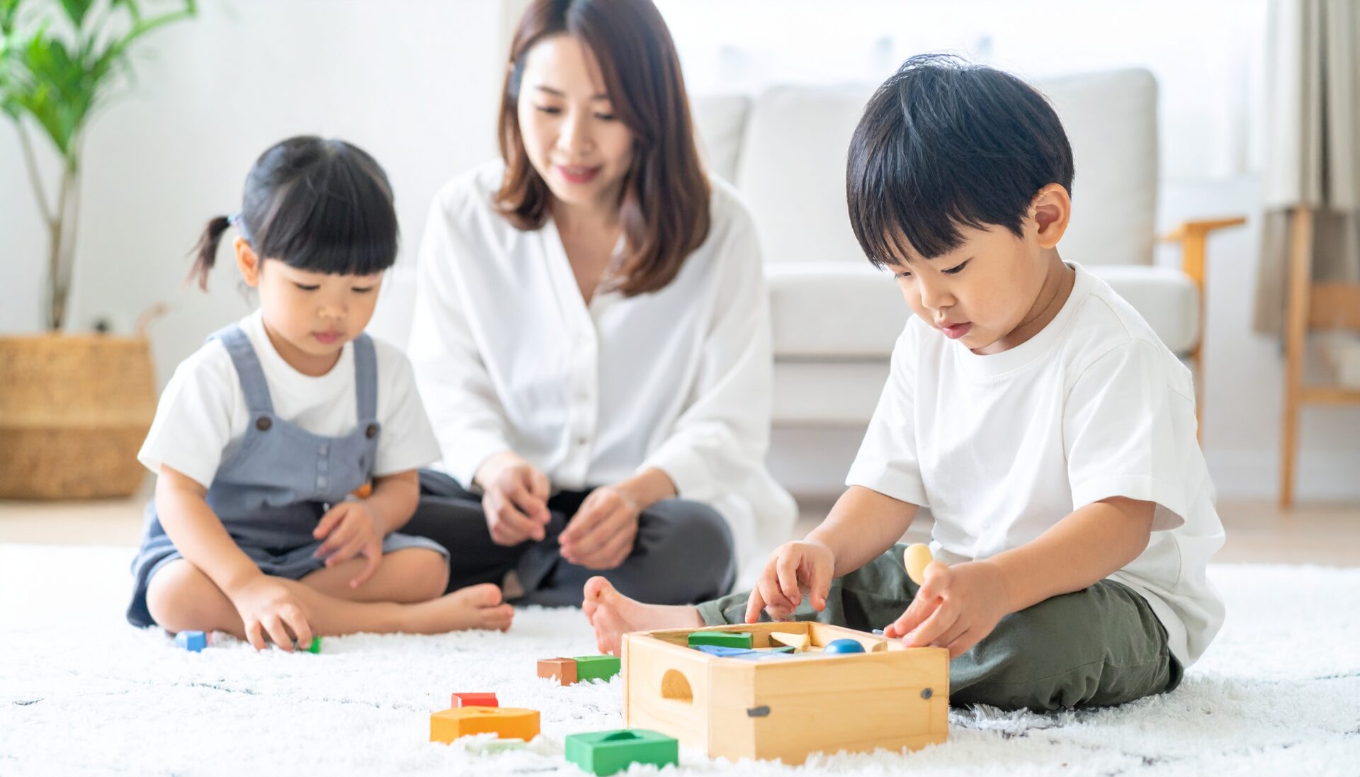 シンプルでナチュラルなインテリアのリビングで、日本人の親子が木製知育玩具を囲み、笑顔で楽しんでいる様子。温かみのある木の質感が際立ち、親が子どもに遊び方を優しく教えている。柔らかな自然光が差し込み、知育とデザインの調和が感じられる空間。