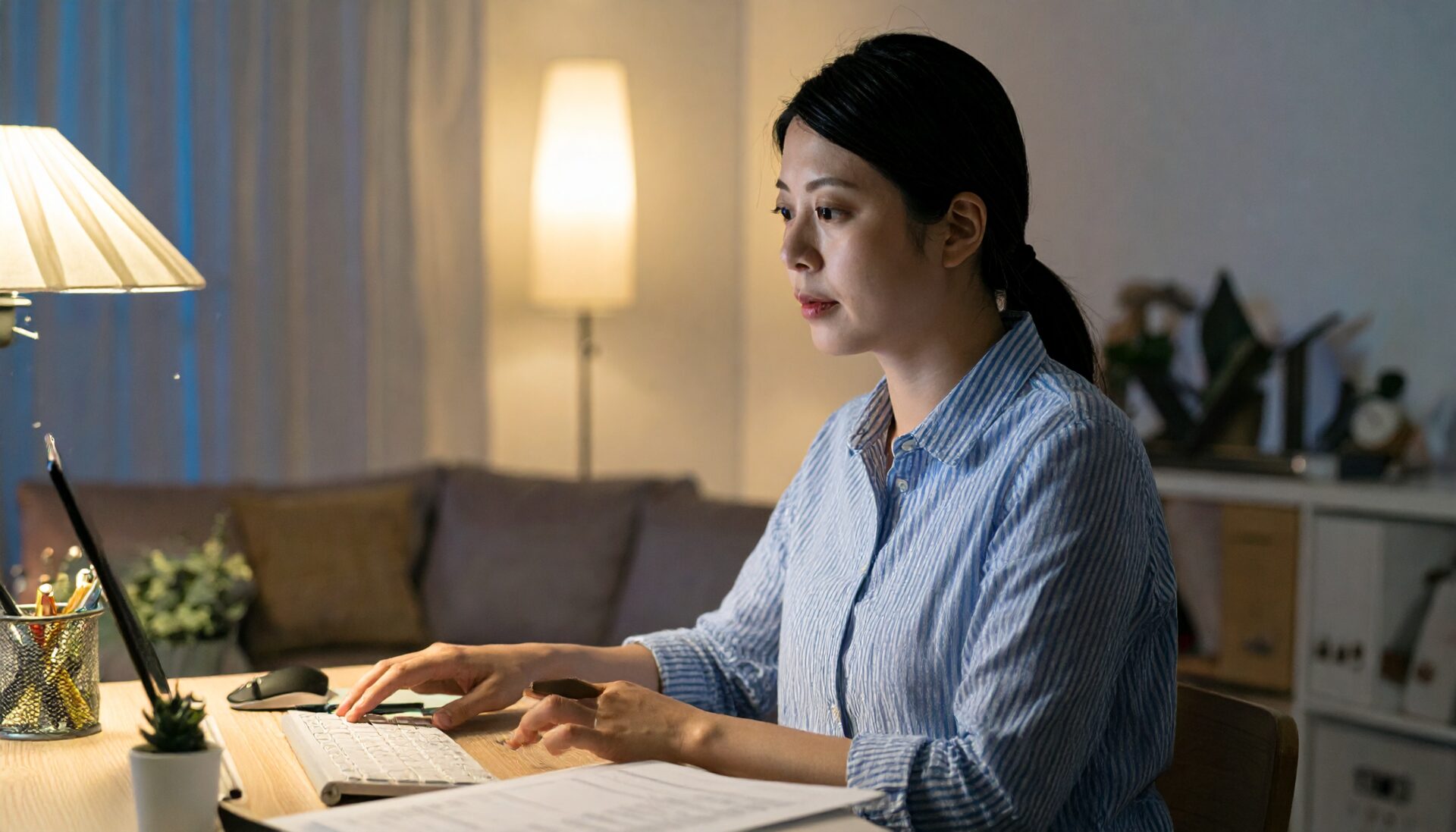 子どもが寝静まった後、リビングで一人パソコンを開き、教育について調べる親の真剣な横顔
