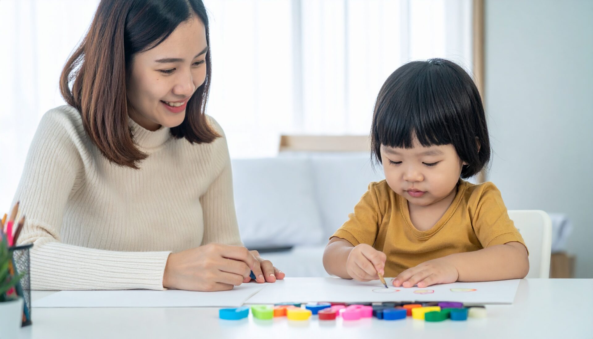日本人の親子(母親または父親と幼児)がリビングのテーブルで一緒に知育プリントに取り組んでいるシーン。笑顔で会話をしながら学習し、親子のふれあいが感じられる温かい雰囲気。カラフルな教材や文房具がテーブルに並び、部屋は明るくナチュラルなインテリア。