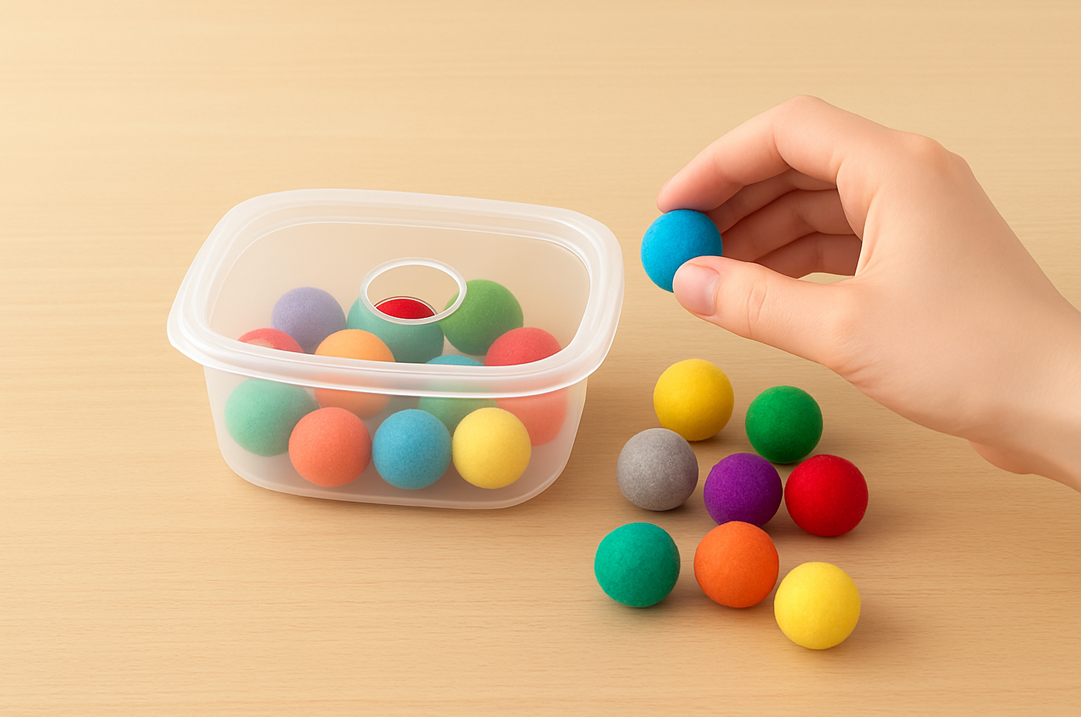 100均タッパーとフェルトボールで作る「ポットン落とし(モンテッソーリ風)」