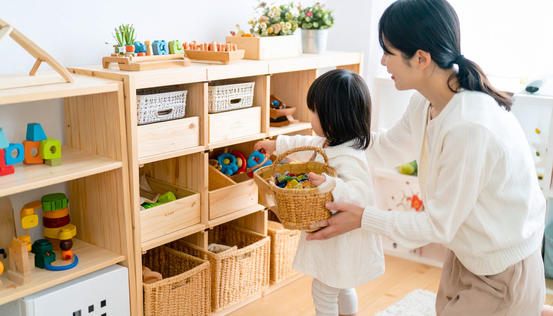 発達段階に合わせたおもちゃ収納で、子どもが自分で片付けやすく、学びにもつながる日本人家庭の子育て空間。1歳〜5歳までの幼児が年齢に合った高さ・種類の収納を使って、自分でおもちゃを選び・しまう様子。親は見守ったり、優しくサポートしている。知育要素を取り入れたラベル(色・形・数字・ひらがな)や、木製・カラフルな収納家具が整った、明るく安心感のある空間。