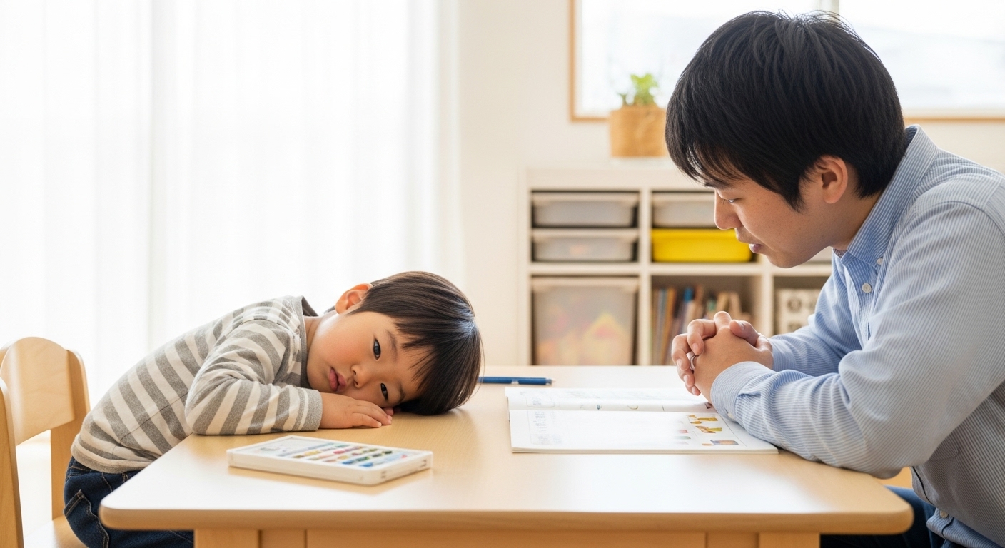 教材に飽きてしまった様子の日本人の幼児。つまらなそうに机に伏せていたり、他のことに気を取られている姿。一方で、親はなぜ飽きたのかを観察し、子どもの気持ちに寄り添おうとしている。教材は机の上に開いたままになっており、子どもの注意が別の方向に向いている。自然光の入る明るい部屋で、リアルな“学びの壁”と向き合う親子の姿を描写。