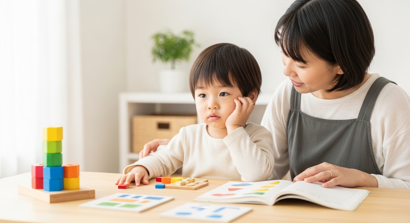 日本人の幼児が教材や遊びに『飽きた』という表情を見せているが、親がその様子をあたたかく見守り、次のステップを提案しようとしている場面。子どもが少し考えたり、別の遊びに自然に移行する様子。親は焦らず寄り添い、子どもの成長に前向きに対応している。明るく穏やかな家庭環境で、変化の兆しや“成長の瞬間”が垣間見える構図。