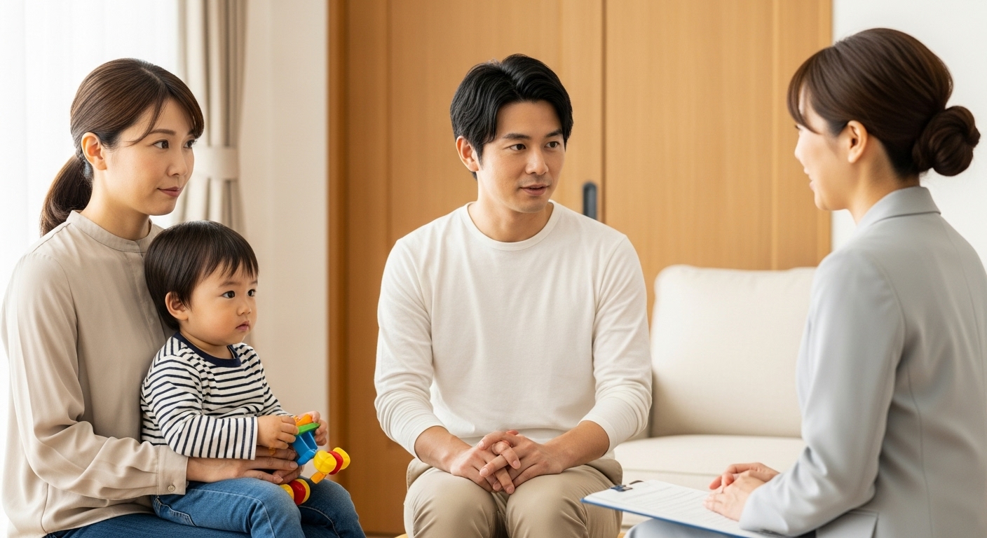 学習に飽きが続く日本人の幼児と、その悩みをやさしく聞く専門家(保育士・幼児教育アドバイザーなど)の相談風景。親が隣に座り、真剣ながらも安心した表情で話を聞いている。温かみのある相談室や家庭的な空間で、リラックスした雰囲気。幼児は親の膝の上に座ったり、おもちゃを触っていたりする様子も含めて、“相談することは前向きなステップ”であることを伝える構図。