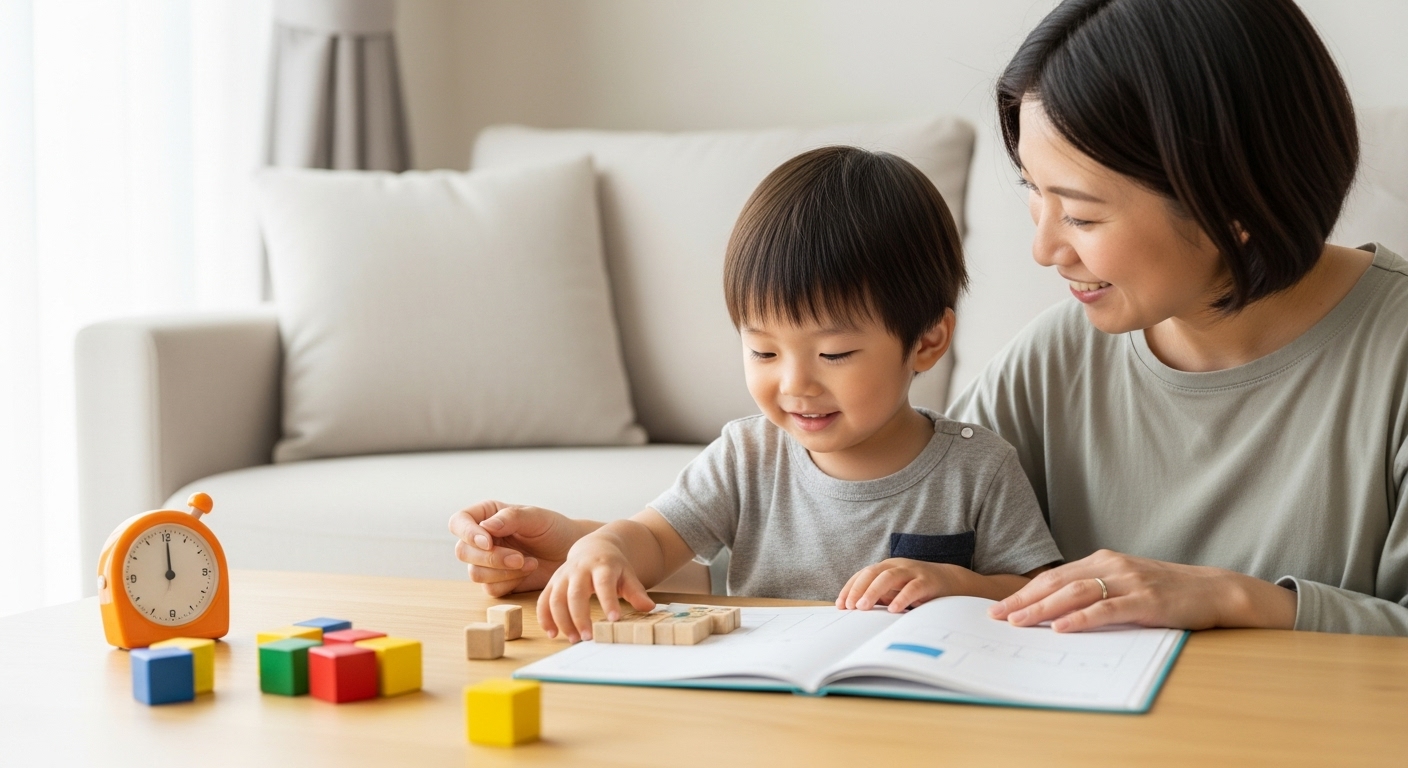 教材に飽きた様子の日本人幼児が、親のちょっとした工夫によって再び楽しそうに取り組み始めるシーン。親は遊び感覚や環境の変化、声かけなどでやる気を引き出している。子どもが笑顔で教材に向かっている瞬間。リビングや学習スペースで、親子が並んで座り、工夫されたアイデア(タイマー、スタンプ、シール、ごほうびカード、ブロック教材など)を活用している様子。