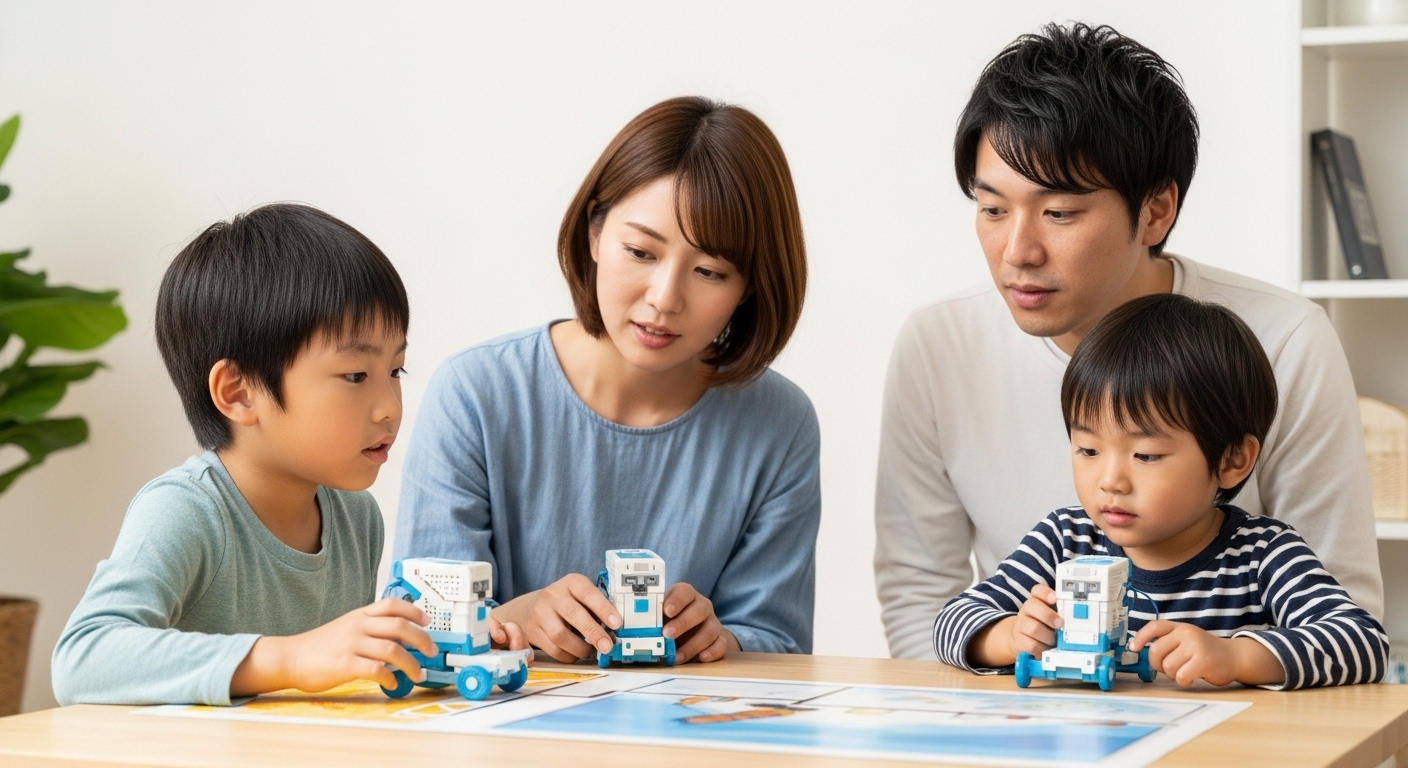 日本人ので保護者(30代の母親または父親)が『これって何を学んでいるの?』と関心を持ちつつ見守っている。表情には好奇心や探求心があり、プログラミング的思考(順序立て・試行錯誤・因果関係)を楽しく体験している家庭の一幕。