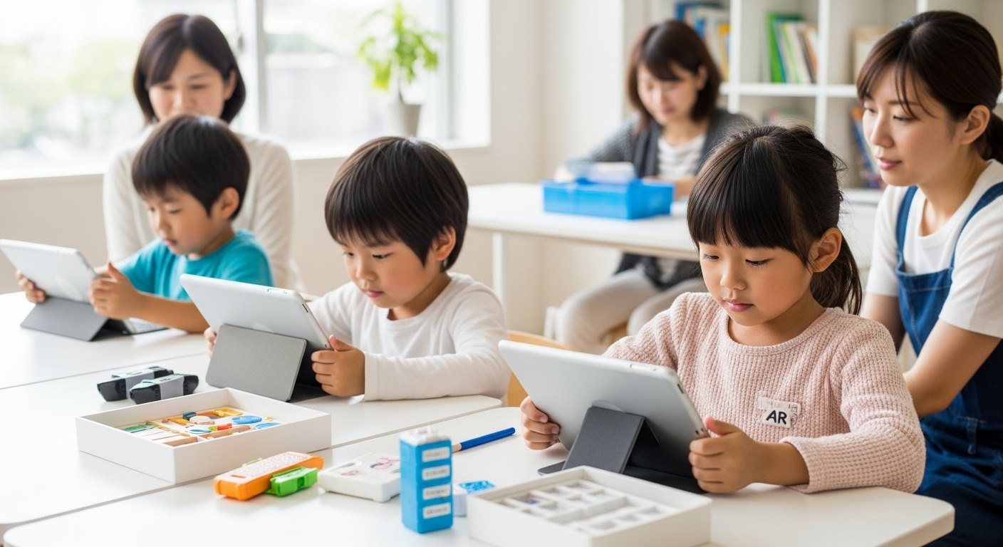好奇心いっぱいの日本人の幼児が、最新の知育アプローチを通して楽しみながら学んでいる様子。タブレットやAR教材、プログラミングおもちゃなどを使って、目を輝かせながら取り組んでいる姿。親も近くで見守りながらサポート。自然光が入る明るくおしゃれな学習スペースで、現代的かつ知的な学びの空間を表現。