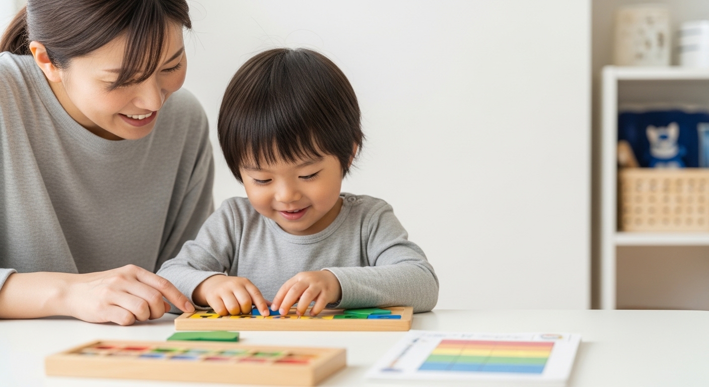 教材と楽しそうに向き合う日本人の幼児と、それをそっと支える親の温かい学習風景。子どもが夢中になって教材に取り組み、“わかった!”という表情を見せる瞬間。親は隣で見守ったり、少しだけ手伝ったりして、子ども自身の学びを尊重している。リビングやキッズスペースなど家庭的な環境で、学びが自然に生活に溶け込んでいる様子を描写。