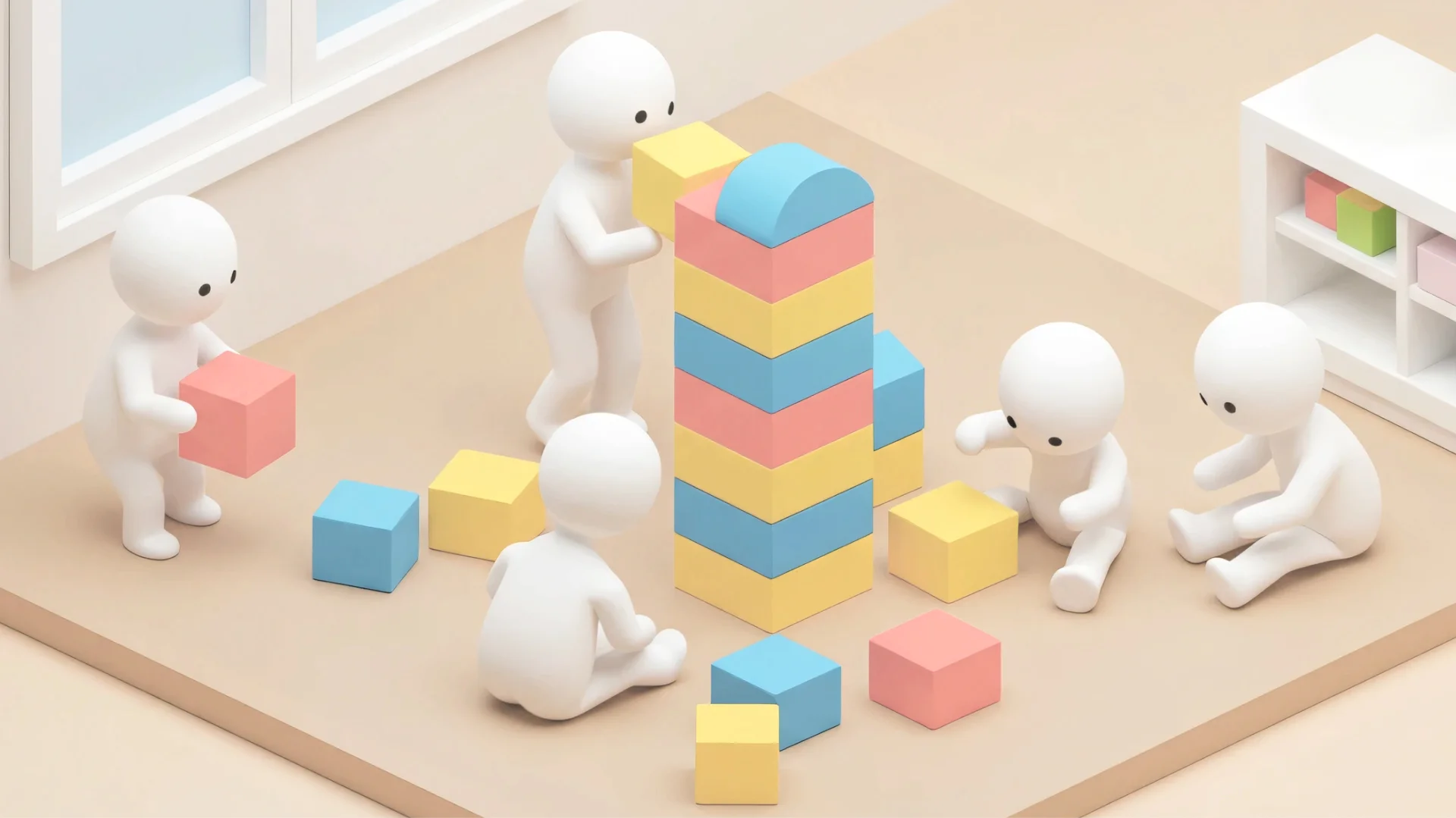 カラフルな積み木で遊ぶ5人のシンプルな3Dキャラクター。積み木を積み上げたり並べたりして協力して遊んでいる様子